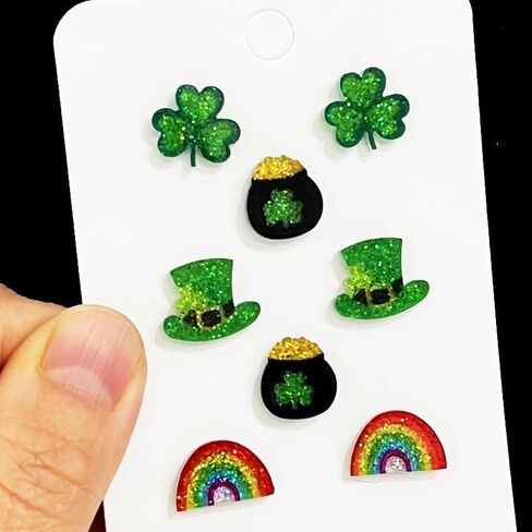 St. Patrick's Day Stud Earrings Set Glitter Green Shamrock Clover Earrings for Women Acrylic Irish Accessories Lightweight Festive Good Luck Holiday Earring Wedding Birthday Gift in Saudi Arabia