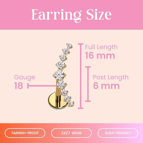 مسمار مسطح للأذن من Cords Club Crystal Ear Climber - ASTM-F136 تيتانيوم من الدرجة المزروعة - تصميم دبوس دفع للأذنين الحساسة - متوفر مطلي بالذهب عيار 18 قيراط بمادة PVD وفضة تيتانيوم (حلق واحد) in Kuwait