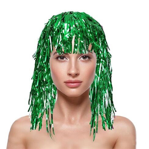MELADY Colorful PET Tinsel Fringe Wig - Sparkling Festival Headpiece for Cheerleaders, Sports Fans & Party Celebrations (green) in Saudi Arabia