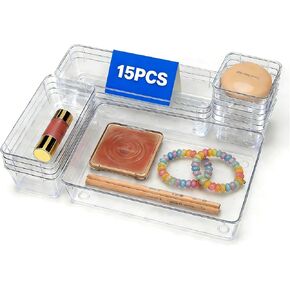 15PCS Clear Drawer Organizer Set, 4 Sizes Desk Drawer Divider Organizers Storage Bins for Bathroom,Kitchen,Office,Vanity Organizers Tray for Jewelry, Makeup, Junk, Gadgets in Saudi Arabia