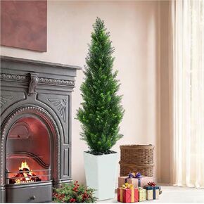 Artificial Cedar Trees 5FT Tall Artificial Bushes Cypress Shrubs, Fake Evergreen Shrubs with Extra Dense Foliage Realistic Potted & Pebbles Faux Plants for Front Porch Outdoor Christmas Tree in Kuwait