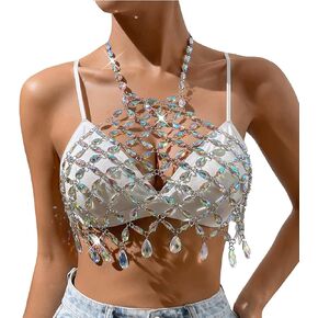 أحجار الراين سلسلة الجسم أعلى الفضة الرسن كريستال الصدر الجسم سلاسل الشاطئ بيكيني ملهى ليلي المحاصيل قمم للنساء in Kuwait