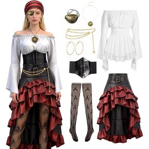 Pirate Costume Women Outfit with Renaissance Pirate Shirt Skirt Corset Waist Belt Accessories Set for Halloween in Kuwait