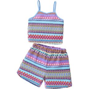 مجموعة ملابس الفتيات قطعتين من القمصان الاستوائية غير الرسمية المحبوكة وشورت الخصر المطاطي ملابس الصيف in Kuwait