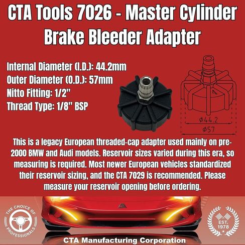 CTA Tools 7026 Master Cylinder Brake Bleeder Adapter – Compatible with BMW/Audi 57mm O.D. / 44.2mm I.D. – Legacy European Reservoir Fit in Saudi Arabia