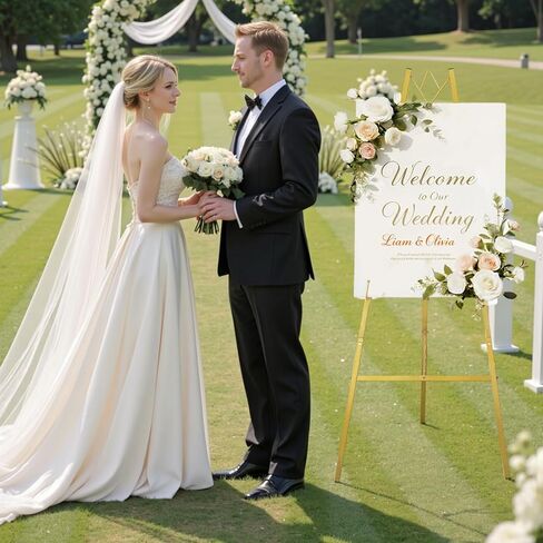 حامل حامل ذهبي GRENTY مقاس 57.5 بوصة لعلامة الزفاف، حامل عرض معدني شديد التحمل، حامل قابل للتعديل بارتفاع 4 طبقات للفن واللوحات وعلامات الترحيب والملصقات والديكور، يتطلب التجميع ببساطة in Kuwait