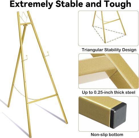 حامل حامل ذهبي GRENTY مقاس 57.5 بوصة لعلامة الزفاف، حامل عرض معدني شديد التحمل، حامل قابل للتعديل بارتفاع 4 طبقات للفن واللوحات وعلامات الترحيب والملصقات والديكور، يتطلب التجميع ببساطة in Kuwait
