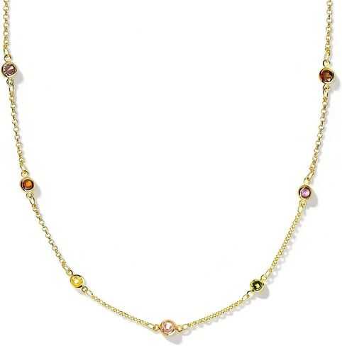 Gold Birthstone Station Necklace for Women - Delicate Simulated Diamond Necklaces Dainty Rainbow Candy Crystal Rhinestone CZ Chian Choker Gifts for Mother in Saudi Arabia