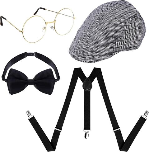 4Pcs Grandpa Old Man Costume Kit - Glasses, Flat Hat, Suspenders, Bow Tie in Saudi Arabia