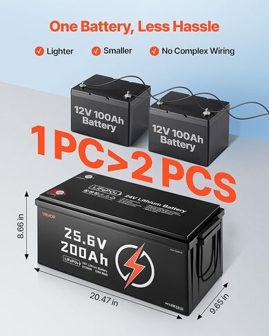 بطارية ليثيوم VEVOR 24V 200Ah LiFePO4، مدمجة 100A BMS، بطارية ليثيوم قابلة لإعادة الشحن ذات دورة عميقة مع حماية من درجة الحرارة المنخفضة، 4000+ دورة، بحد أقصى. 5120 وات في الساعة، للمركبات الترفيهية، والتخييم، ومحركات التصيد، والبحرية in Saudi Arabia