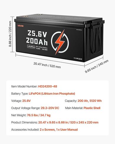 بطارية ليثيوم VEVOR 24V 200Ah LiFePO4، مدمجة 100A BMS، بطارية ليثيوم قابلة لإعادة الشحن ذات دورة عميقة مع حماية من درجة الحرارة المنخفضة، 4000+ دورة، بحد أقصى. 5120 وات في الساعة، للمركبات الترفيهية، والتخييم، ومحركات التصيد، والبحرية in Saudi Arabia