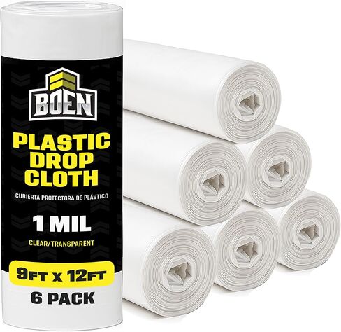 BOEN 9x12 Clear Plastic Drop Cloth – 6-Pack 1 Mil Painters Plastic Sheeting – Waterproof Paint Cover for Furniture, Floor, Window & Dust Protection – Disposable Plastic Tarp for Painting & Renovation in Saudi Arabia
