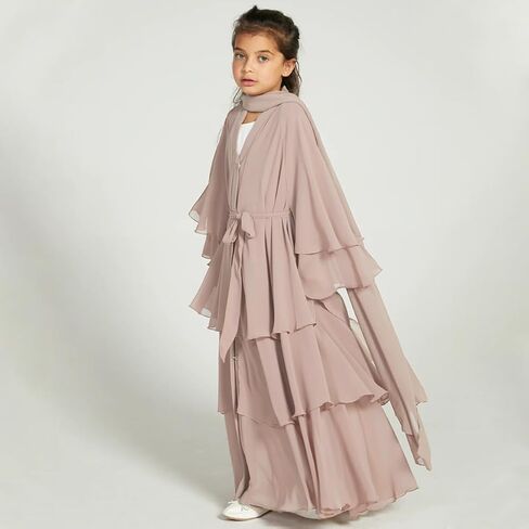 AWIBMK Kids Girls Abayas layered Chiffon Cardigan Dubai Kaftan Prayer Dress Muslim Islamic Robe Ramadan Kimono Outfit in Saudi Arabia