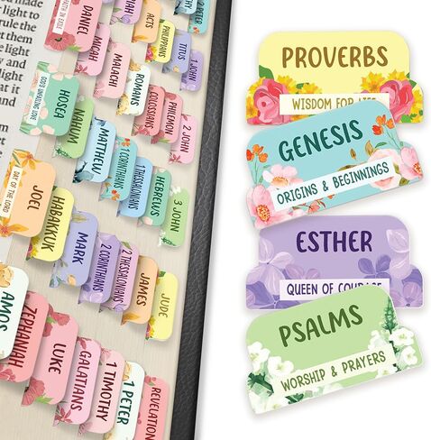 سلسلة متميزة - 66 علامة تبويب لفصل الكتاب المقدس المسيحي، و3 إشارات مرجعية، وملصقات - تصميم زهور رائع - علامات تبويب كبيرة مطبوعة للكتاب المقدس للنساء والرجال in Kuwait