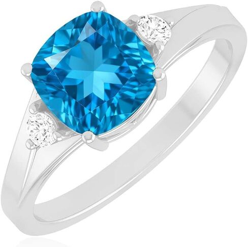 Natural Swiss Blue Topaz Cushion-Cut Ring for Women in 14K Gold or 925 Sterling Silver | Diamond Side Stones | Elegant Solitaire Engagement, December Birthstone Ring | Fine Jewelry Gift in Saudi Arabia