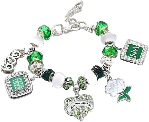 Fashion Sorority Jewelry for Women White Green Bead Rose Flower 1929 Iota Charm Bracelet with Extend Chain in Saudi Arabia
