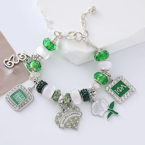 Fashion Sorority Jewelry for Women White Green Bead Rose Flower 1929 Iota Charm Bracelet with Extend Chain in Saudi Arabia