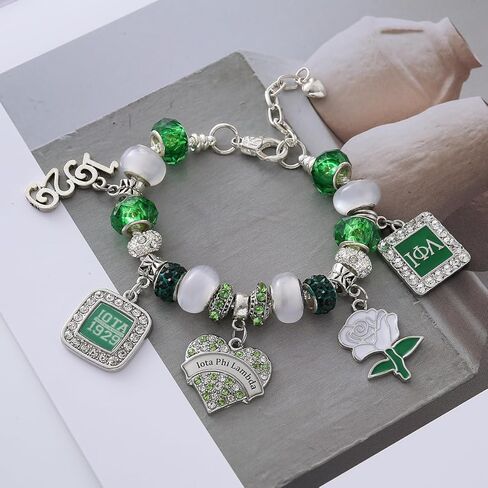 Fashion Sorority Jewelry for Women White Green Bead Rose Flower 1929 Iota Charm Bracelet with Extend Chain in Saudi Arabia