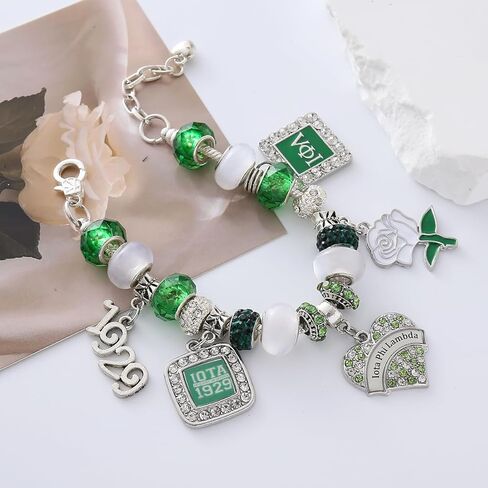 Fashion Sorority Jewelry for Women White Green Bead Rose Flower 1929 Iota Charm Bracelet with Extend Chain in Saudi Arabia