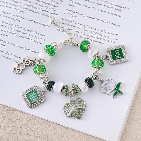 Fashion Sorority Jewelry for Women White Green Bead Rose Flower 1929 Iota Charm Bracelet with Extend Chain in Saudi Arabia
