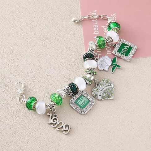 Fashion Sorority Jewelry for Women White Green Bead Rose Flower 1929 Iota Charm Bracelet with Extend Chain in Saudi Arabia