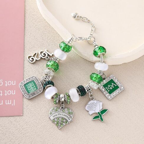 Fashion Sorority Jewelry for Women White Green Bead Rose Flower 1929 Iota Charm Bracelet with Extend Chain in Saudi Arabia