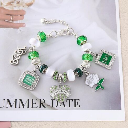 Fashion Sorority Jewelry for Women White Green Bead Rose Flower 1929 Iota Charm Bracelet with Extend Chain in Saudi Arabia