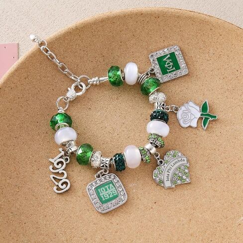 Fashion Sorority Jewelry for Women White Green Bead Rose Flower 1929 Iota Charm Bracelet with Extend Chain in Saudi Arabia