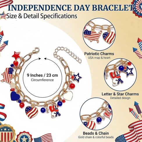 4th of July Bracelet for Women Men Teens - Red White Blue USA Charm Bracelet with American Flag Pendants Patriotic Outfits Accessories in Saudi Arabia