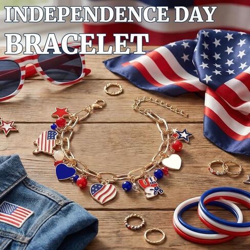4th of July Bracelet for Women Men Teens - Red White Blue USA Charm Bracelet with American Flag Pendants Patriotic Outfits Accessories in Saudi Arabia