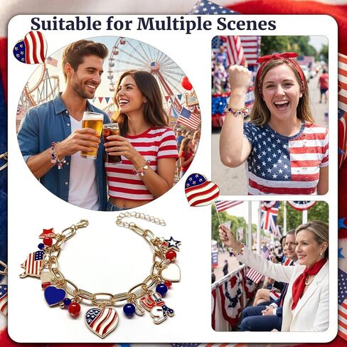 4th of July Bracelet for Women Men Teens - Red White Blue USA Charm Bracelet with American Flag Pendants Patriotic Outfits Accessories in Saudi Arabia