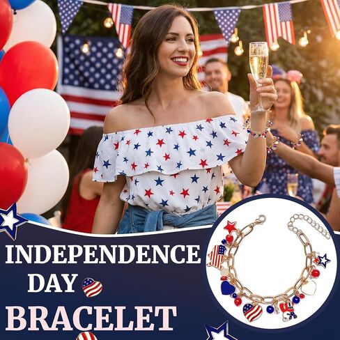 4th of July Bracelet for Women Men Teens - Red White Blue USA Charm Bracelet with American Flag Pendants Patriotic Outfits Accessories in Saudi Arabia