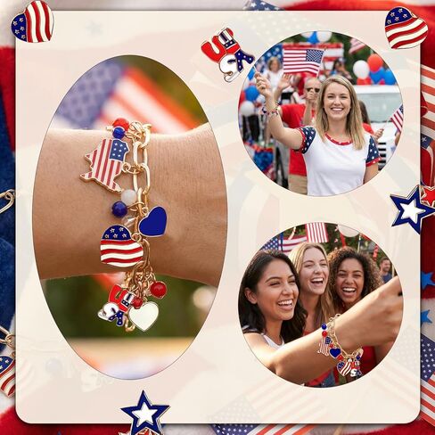 4th of July Bracelet for Women Men Teens - Red White Blue USA Charm Bracelet with American Flag Pendants Patriotic Outfits Accessories in Saudi Arabia