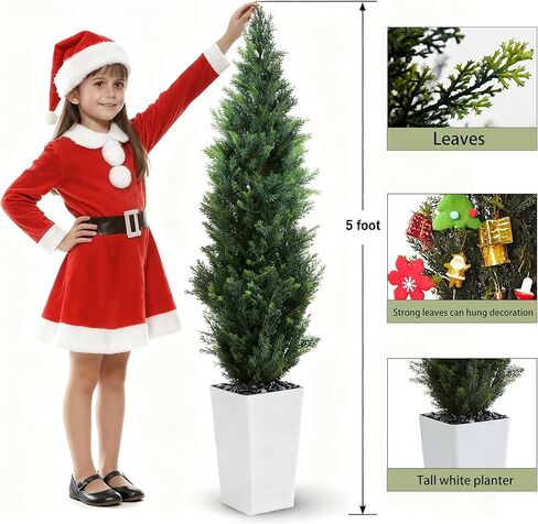 Artificial Cedar Trees 5FT Tall Artificial Bushes Cypress Shrubs, Fake Evergreen Shrubs with Extra Dense Foliage Realistic Potted & Pebbles Faux Plants for Front Porch Outdoor Christmas Tree in Kuwait