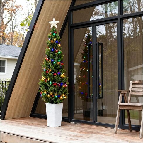 Artificial Cedar Trees 5FT Tall Artificial Bushes Cypress Shrubs, Fake Evergreen Shrubs with Extra Dense Foliage Realistic Potted & Pebbles Faux Plants for Front Porch Outdoor Christmas Tree in Kuwait