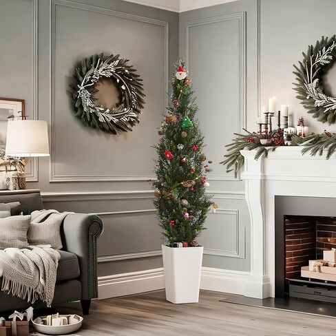 Artificial Cedar Trees 5FT Tall Artificial Bushes Cypress Shrubs, Fake Evergreen Shrubs with Extra Dense Foliage Realistic Potted & Pebbles Faux Plants for Front Porch Outdoor Christmas Tree in Kuwait