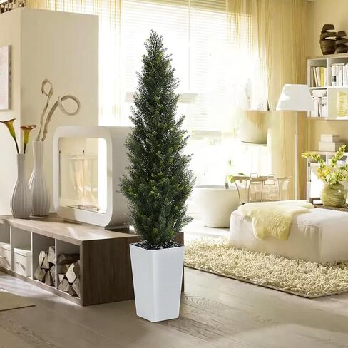 Artificial Cedar Trees 5FT Tall Artificial Bushes Cypress Shrubs, Fake Evergreen Shrubs with Extra Dense Foliage Realistic Potted & Pebbles Faux Plants for Front Porch Outdoor Christmas Tree in Kuwait