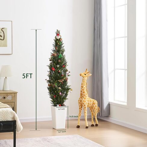 Artificial Cedar Trees 5FT Tall Artificial Bushes Cypress Shrubs, Fake Evergreen Shrubs with Extra Dense Foliage Realistic Potted & Pebbles Faux Plants for Front Porch Outdoor Christmas Tree in Kuwait