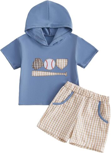 Ledy Champswiin Toddler Baby Boy Baseball Outfits, Short Sleeve Letter Print Hoodie Top and Shorts Set Summer Clothes in Kuwait