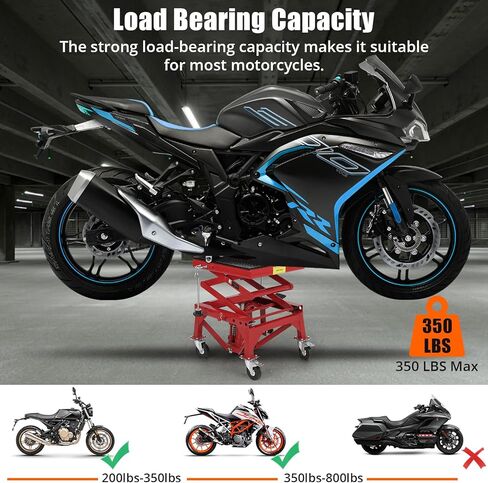 طاولة رفع دراجة نارية هيدروليكية شديدة التحمل - سعة 350 رطل، مقبس مقص يعمل بالقدم، سطح فولاذي عريض، خطافات J، 4 عجلات، حامل رافعة محمول للدراجات النارية، ATV، الدراجة الترابية، UTV in Kuwait