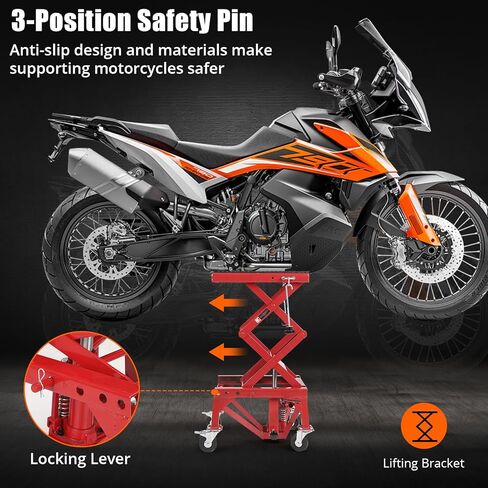 طاولة رفع دراجة نارية هيدروليكية شديدة التحمل - سعة 350 رطل، مقبس مقص يعمل بالقدم، سطح فولاذي عريض، خطافات J، 4 عجلات، حامل رافعة محمول للدراجات النارية، ATV، الدراجة الترابية، UTV in Kuwait