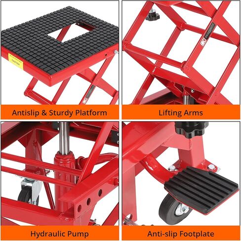طاولة رفع دراجة نارية هيدروليكية شديدة التحمل - سعة 350 رطل، مقبس مقص يعمل بالقدم، سطح فولاذي عريض، خطافات J، 4 عجلات، حامل رافعة محمول للدراجات النارية، ATV، الدراجة الترابية، UTV in Kuwait