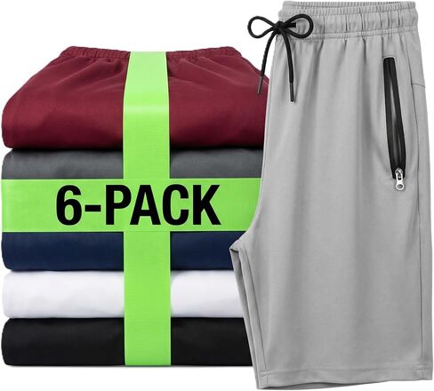6 Pack Men's Athletic Shorts with Zipper Pockets, Quick Dry Basketball Running Gym Workout Shorts for Men, Knee Length in Saudi Arabia