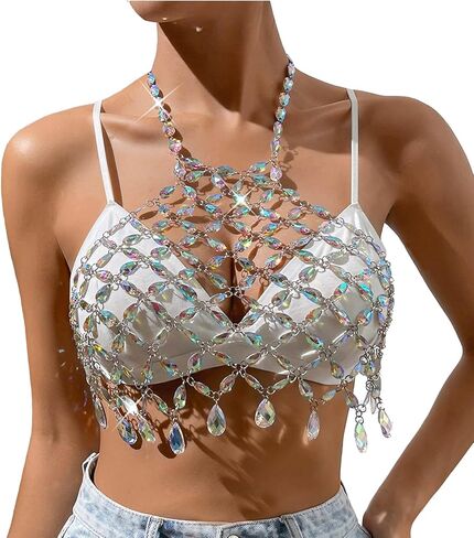 أحجار الراين سلسلة الجسم أعلى الفضة الرسن كريستال الصدر الجسم سلاسل الشاطئ بيكيني ملهى ليلي المحاصيل قمم للنساء in Kuwait