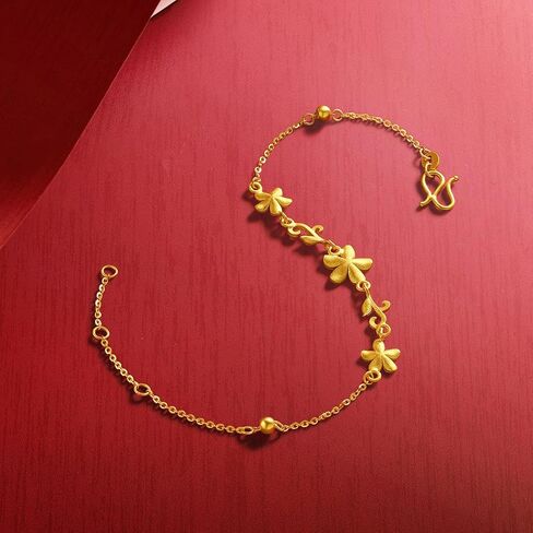 24K 999 Solid Gold Flower Floral Charm Link Bracelet Apricot Blossom Jewelry for Women Mom Daughter Friends Gifts Wedding Birthday Anniversary Adjustable 6.3-7.5"(16+3CM) A0722105 in Saudi Arabia