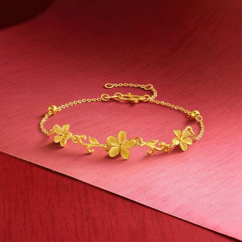 24K 999 Solid Gold Flower Floral Charm Link Bracelet Apricot Blossom Jewelry for Women Mom Daughter Friends Gifts Wedding Birthday Anniversary Adjustable 6.3-7.5"(16+3CM) A0722105 in Saudi Arabia