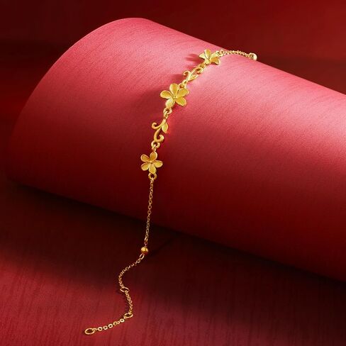 24K 999 Solid Gold Flower Floral Charm Link Bracelet Apricot Blossom Jewelry for Women Mom Daughter Friends Gifts Wedding Birthday Anniversary Adjustable 6.3-7.5"(16+3CM) A0722105 in Saudi Arabia
