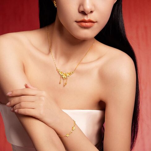 24K 999 Solid Gold Flower Floral Charm Link Bracelet Apricot Blossom Jewelry for Women Mom Daughter Friends Gifts Wedding Birthday Anniversary Adjustable 6.3-7.5"(16+3CM) A0722105 in Saudi Arabia