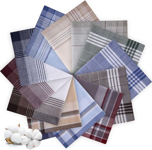 12 قطعة مناديل للرجال، مناديل رجالية مصنوعة من القطن الناعم بنسبة 100% مع شيك، مناديل كلاسيكية كبيرة للرجال (16 × 16 بوصة) in Kuwait