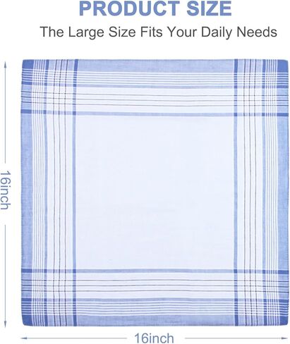 12 قطعة مناديل للرجال، مناديل رجالية مصنوعة من القطن الناعم بنسبة 100% مع شيك، مناديل كلاسيكية كبيرة للرجال (16 × 16 بوصة) in Kuwait